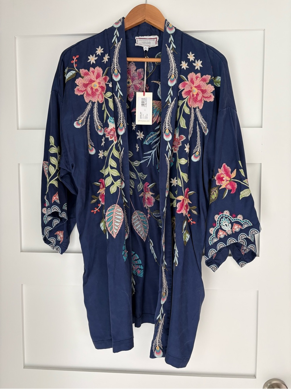 Johnny Was Navy Floral Embroidered Kimono Jacket with Pink & Green Detail